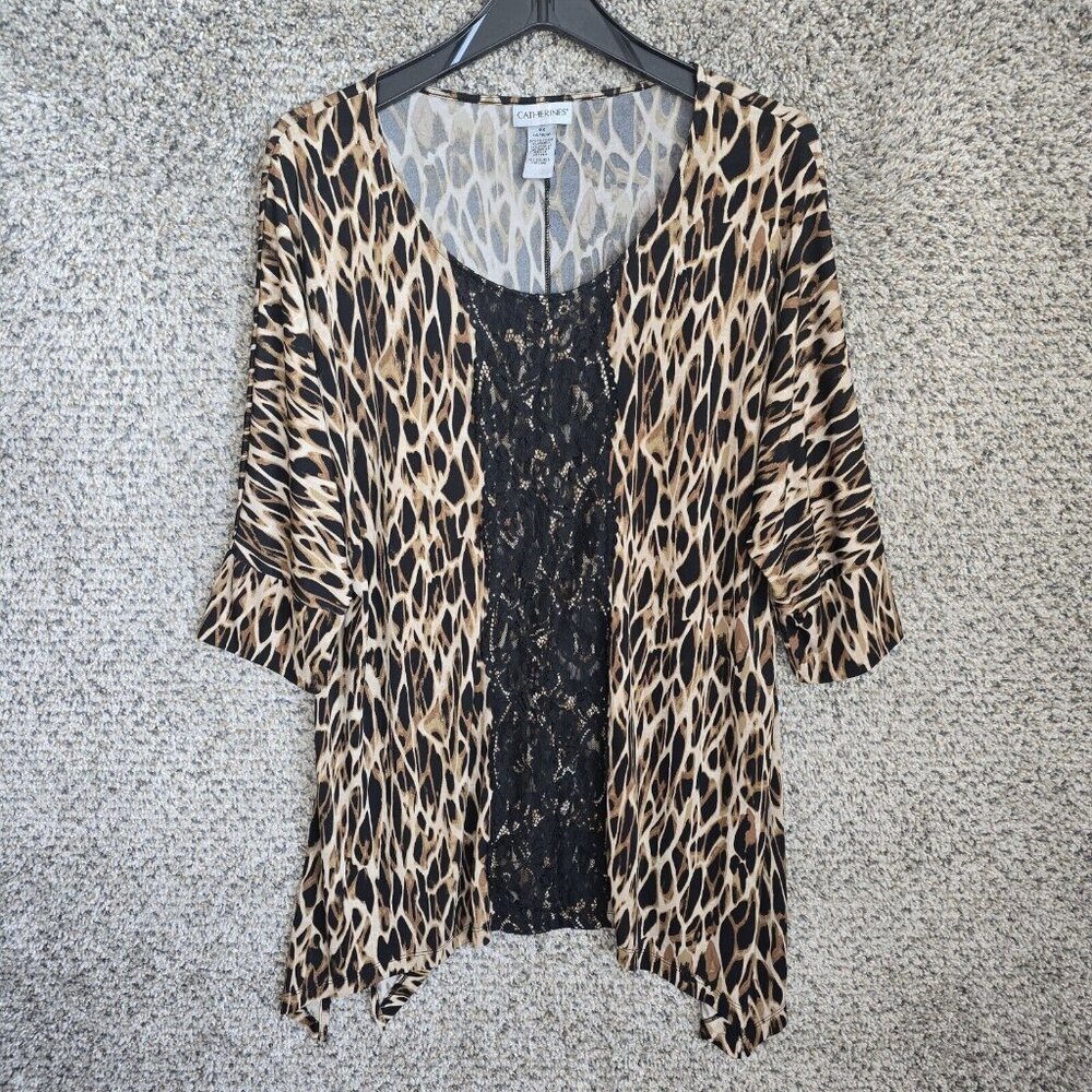 Catherines Top Womens Plus 0X 14/16W Brown Animal Print Blouse Stretch Ladies